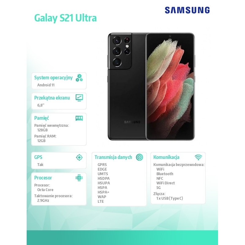 Samsung Smartfon Galaxy S21 5G ULTRA 12|128GB Czarny Enterprise Edition, następca modelu SMG998BZKDEUE