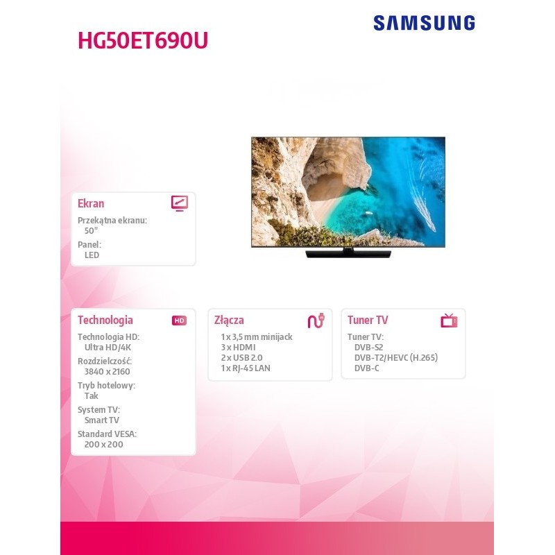 Samsung Telewizor hotelowy 50 cali 50ET690U UHD  3Y (HG50ET690UXXEN)