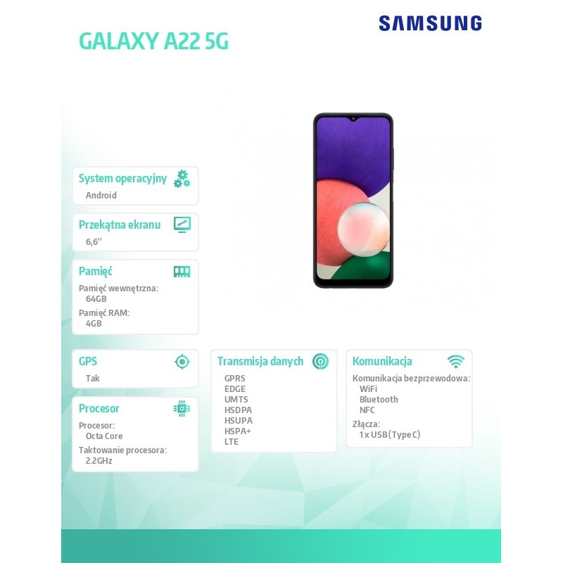 Samsung Smartfon GALAXY A22 Dual SIM 5G  4|64GB Szary
