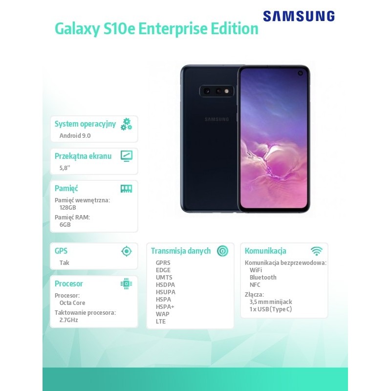 Samsung Smartfon Galaxy S10e 5,8 6|128GB Dual SIM Enterprise Edition Czarny, następca modelu SMG970FZKDXEO